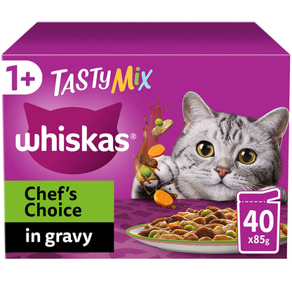 Whiskas 1+ Chef's Choice Mix Adult Wet Cat Food Pouches in Gravy 40 Pack