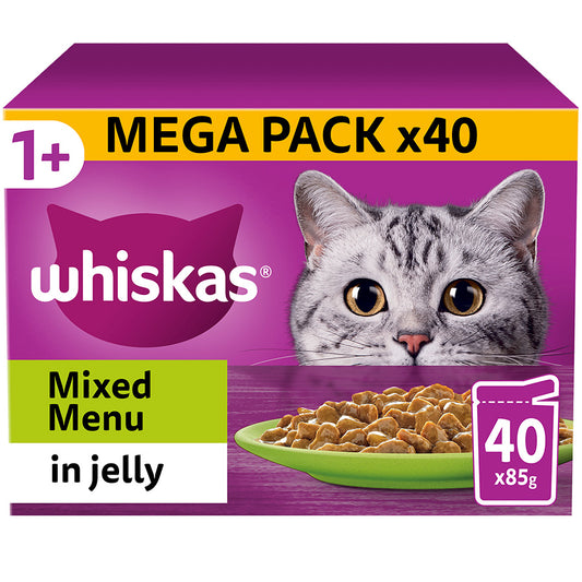 Whiskas 1+ Mixed Menu Adult Wet Cat Food Pouches in Jelly – Pack of 40
