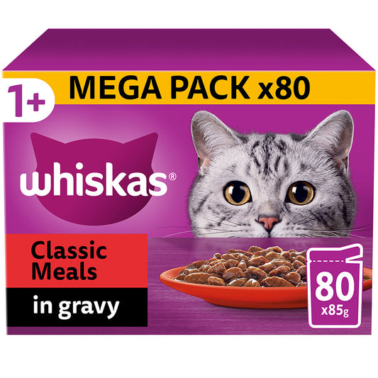 Whiskas 1+ Classic Meals Adult Wet Cat Food Pouches in Gravy, 80 Pack