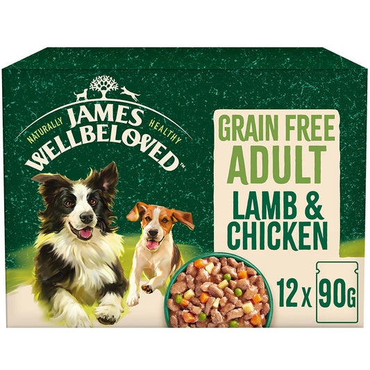 James Wellbeloved Grain Free Adult Wet Dog Food Lamb & Chicken Pouch (12pk x 90g)