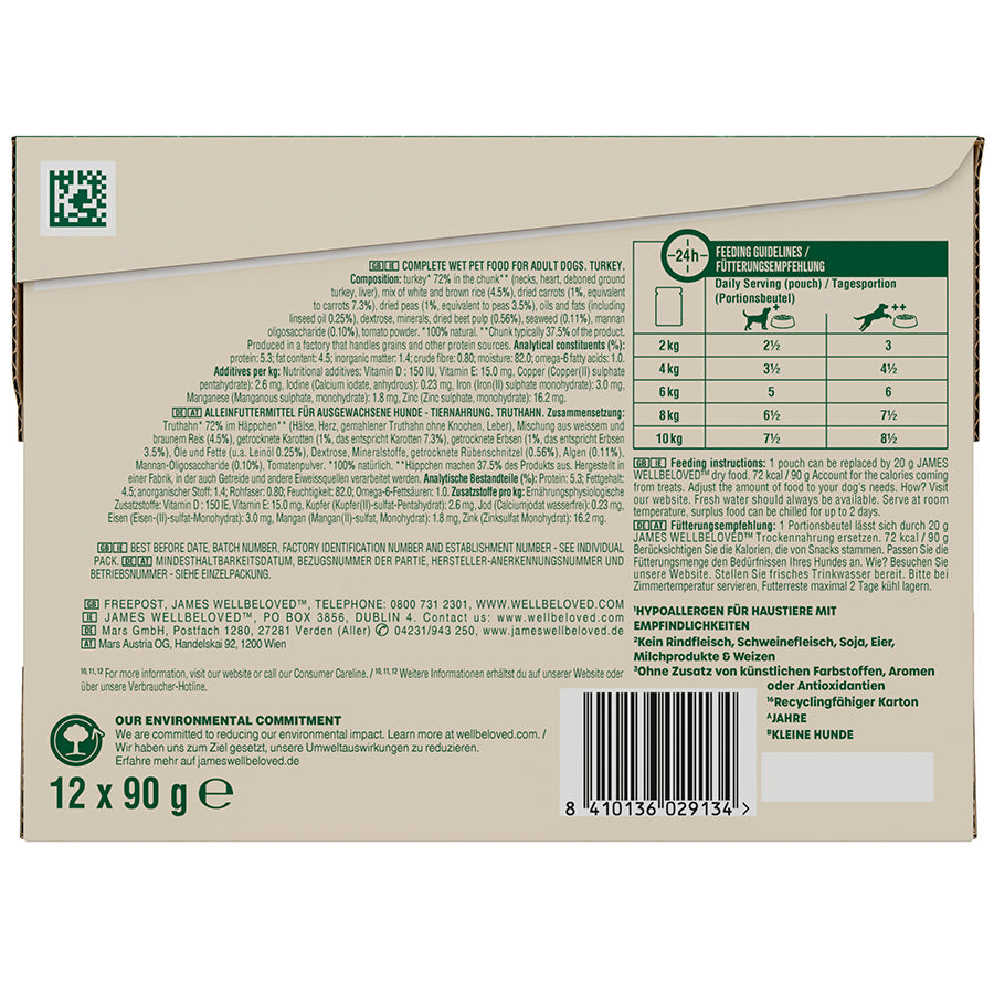 James Wellbeloved Adult Wet Dog Food Small Breed Turkey & Rice Pouch (12 x 90g)