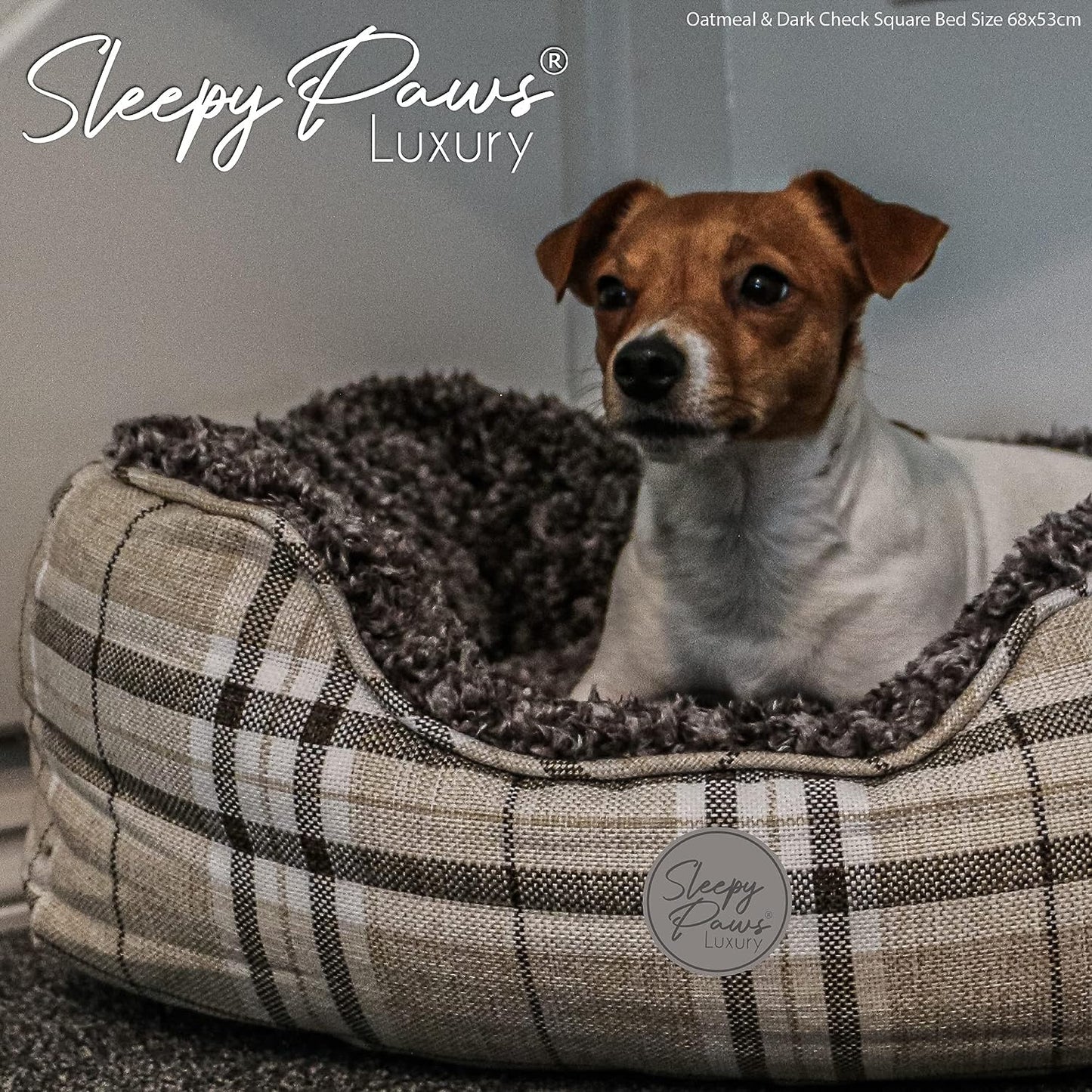 Sleepy Paws Square Bed For Dogs Oatmeal and Dark Check 68 x 53cm