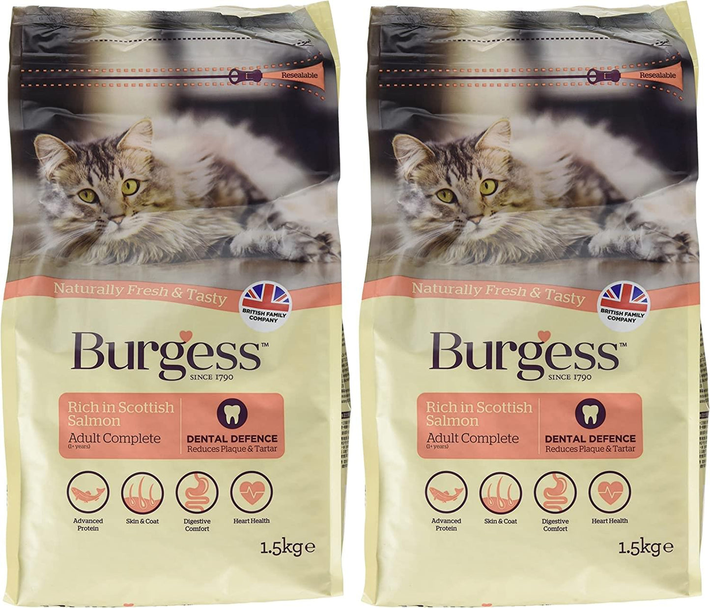 Burgess Adult Cat Food Rich in Scottish Salmon 1.5kg or 1.5kg pack of 4. 10 kg