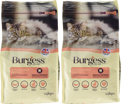 Burgess Adult Cat Food Rich in Scottish Salmon 1.5kg or 1.5kg pack of 4. 10 kg