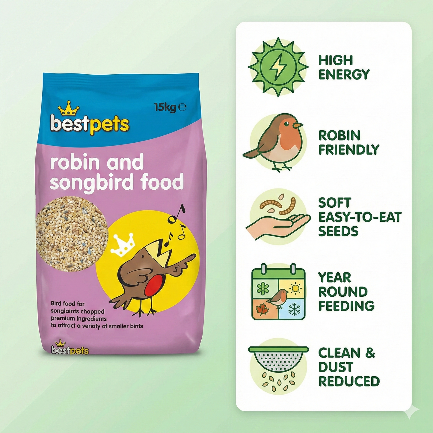 Bestpets Robin & Songbird Bird Food 15kg – Premium Wild Bird Seed Mix for Robins & Garden Songbirds – High Energy Soft Seed Blend for Ground Feeding & Feeders – Bulk Value Bag