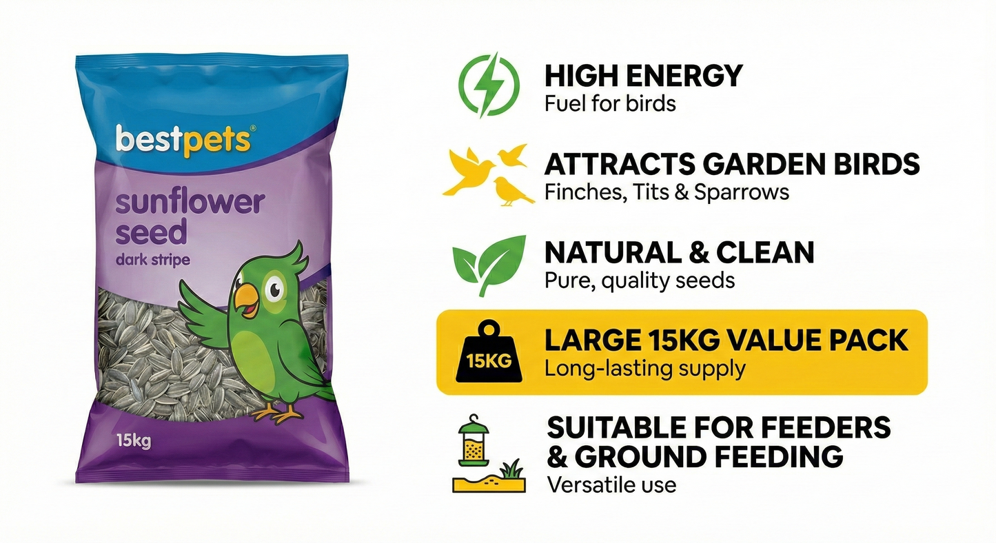 Bestpets Striped Sunflower Seeds 15kg Bulk Wild Bird Food – Premium High Energy Natural Bird Seed for Garden Birds, Feeders & Ground Feeding, Attracts Finches, Tits, Robins, Value Sack