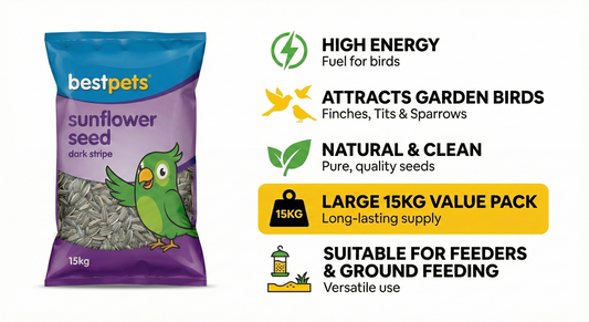 Bestpets Striped Sunflower Seeds 15kg Bulk Wild Bird Food – Premium High Energy Natural Bird Seed for Garden Birds, Feeders & Ground Feeding, Attracts Finches, Tits, Robins, Value Sack