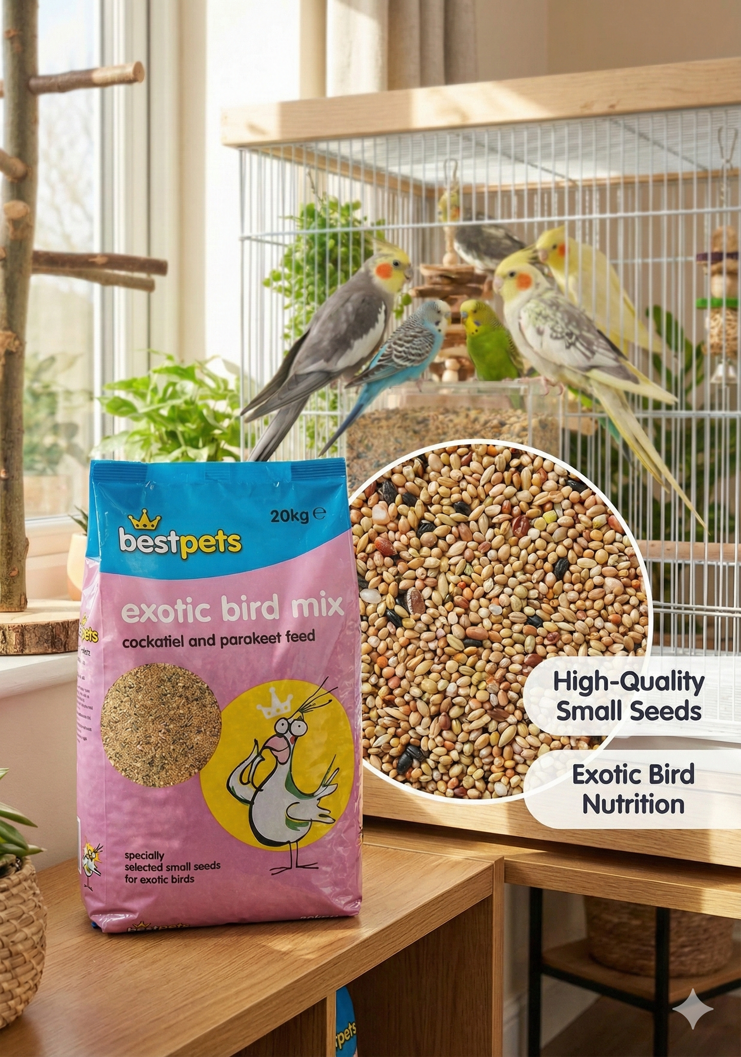 Bestpets Cockatiel & Parakeet Food 20kg – Premium Exotic Bird Seed Mix, Complete Nutrition for Budgies, Lovebirds and Small Parrots, Natural Ingredients Bulk Feed