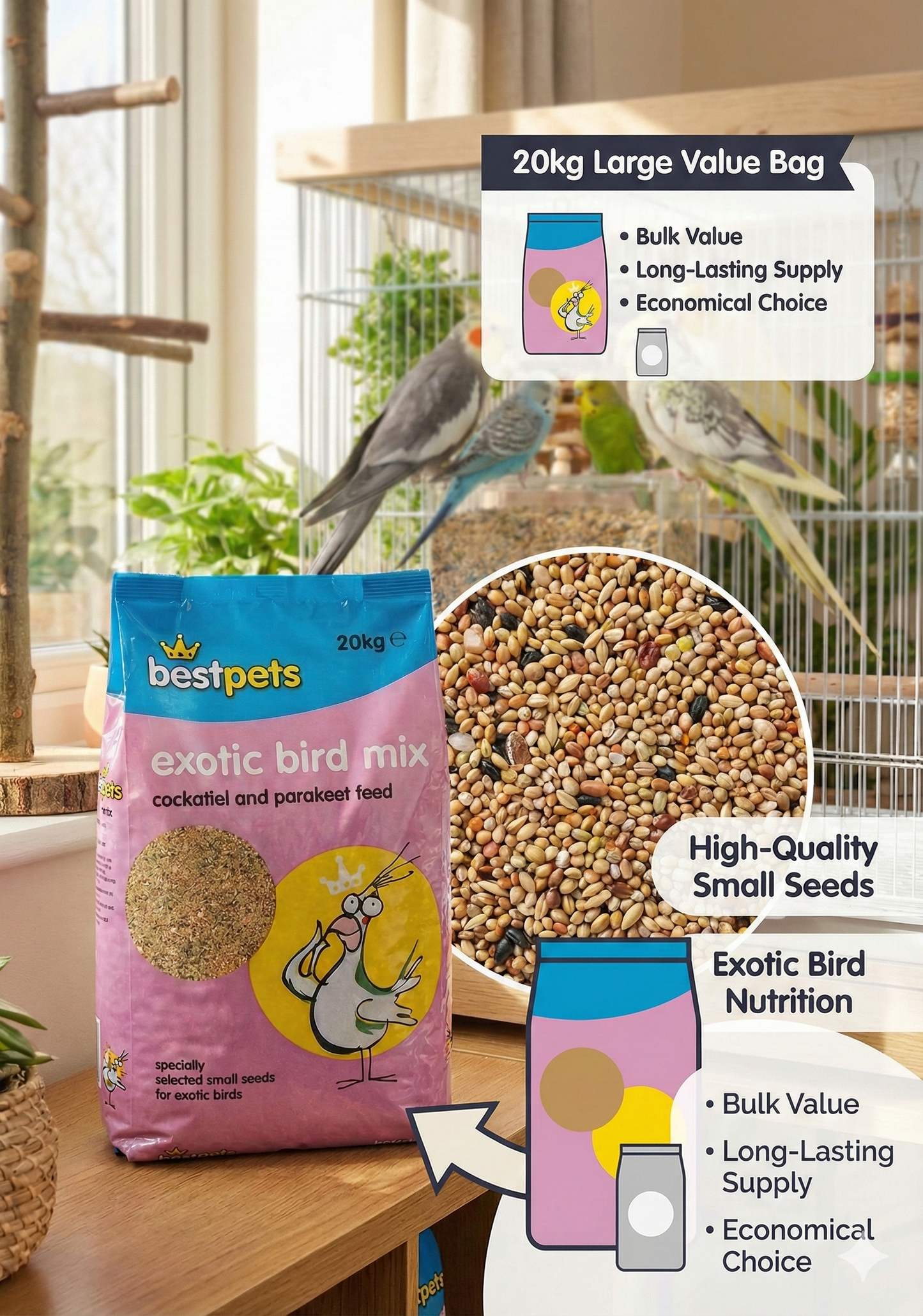 Bestpets Cockatiel & Parakeet Food 20kg – Premium Exotic Bird Seed Mix, Complete Nutrition for Budgies, Lovebirds and Small Parrots, Natural Ingredients Bulk Feed