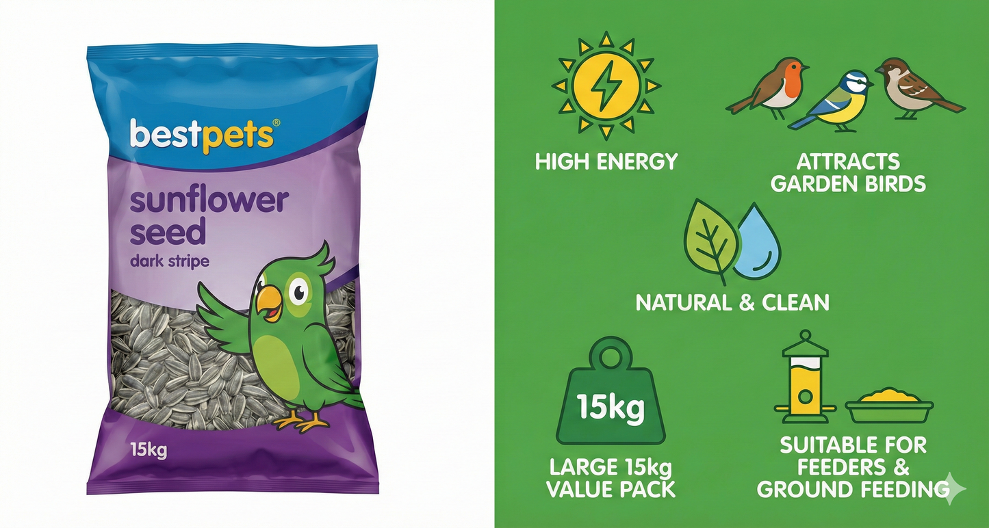 Bestpets Striped Sunflower Seeds 15kg Bulk Wild Bird Food – Premium High Energy Natural Bird Seed for Garden Birds, Feeders & Ground Feeding, Attracts Finches, Tits, Robins, Value Sack
