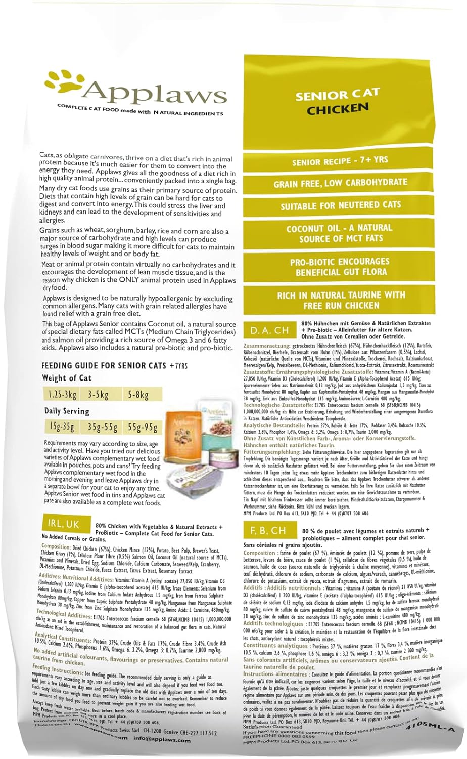Applaws Complete and Grain Free Adult Senior Dry Cat Food, Chicken 400g or 400g pack of 6,2kg  or 2kg pack of 3