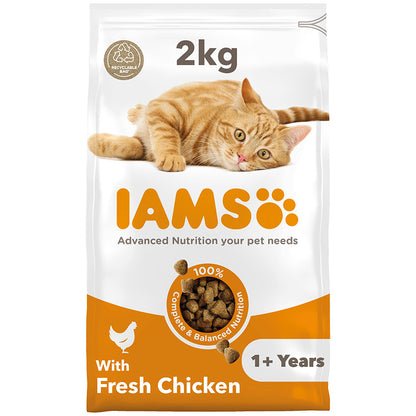 Iams Adult 1+ Cat Food With Fresh Chicken 2Kg or 2kg pack of 2